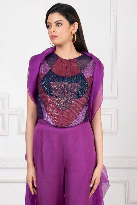 Megha Garg_Purple Organza Hand Embroidered Sequins Round Neck Cape Pant Set _at_Aza_Fashions