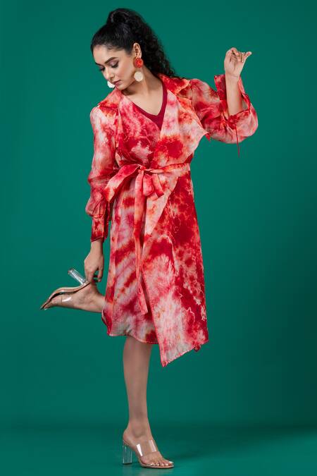 Megha Garg_Red Organza, Lycra Embroidery Shawl Neck, Marble Dyed Pattern Jacket With Dress _Online_at_Aza_Fashions