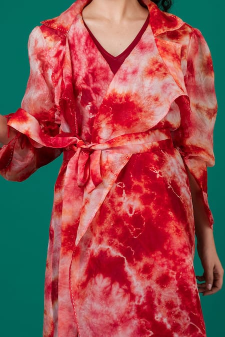 Buy_Megha Garg_Red Organza, Lycra Embroidery Shawl Neck, Marble Dyed Pattern Jacket With Dress _Online_at_Aza_Fashions