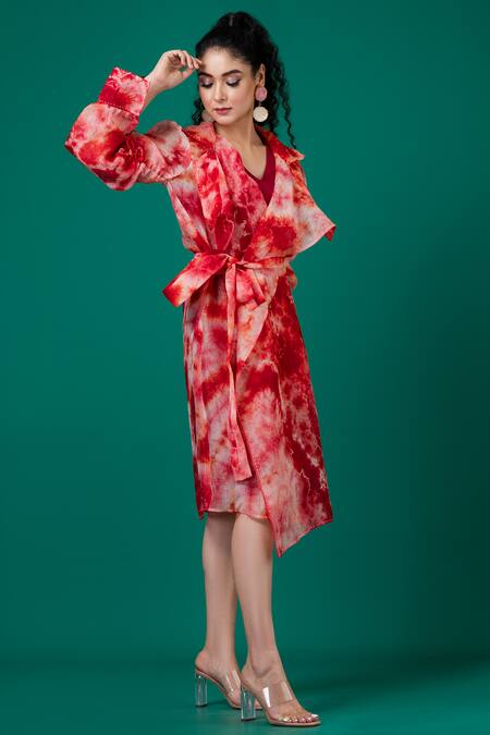 Shop_Megha Garg_Red Organza, Lycra Embroidery Shawl Neck, Marble Dyed Pattern Jacket With Dress _Online_at_Aza_Fashions