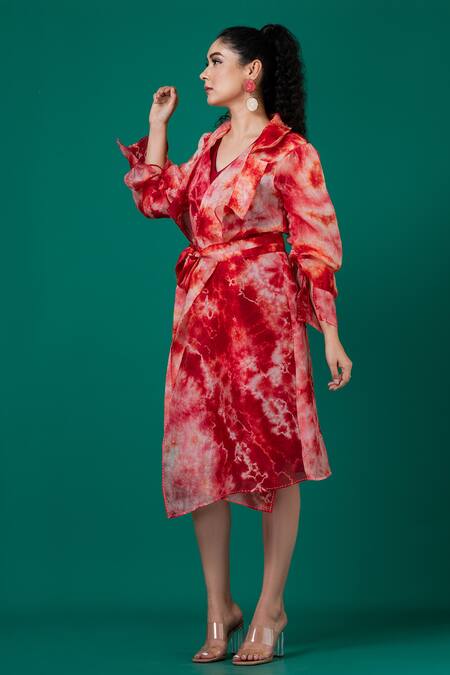 Megha Garg_Red Organza, Lycra Embroidery Shawl Neck, Marble Dyed Pattern Jacket With Dress _at_Aza_Fashions