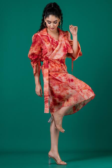 Megha Garg_Red Lycra, Organza Embroidery V-neck, Kantha Stitch Marble Dyed Dress And Jacket _Online_at_Aza_Fashions