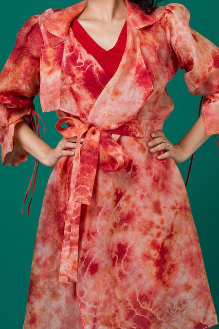 Buy_Megha Garg_Red Lycra, Organza Embroidery V-neck, Kantha Stitch Marble Dyed Dress And Jacket _Online_at_Aza_Fashions