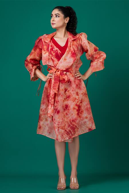 Shop_Megha Garg_Red Lycra, Organza Embroidery V-neck, Kantha Stitch Marble Dyed Dress And Jacket _Online_at_Aza_Fashions