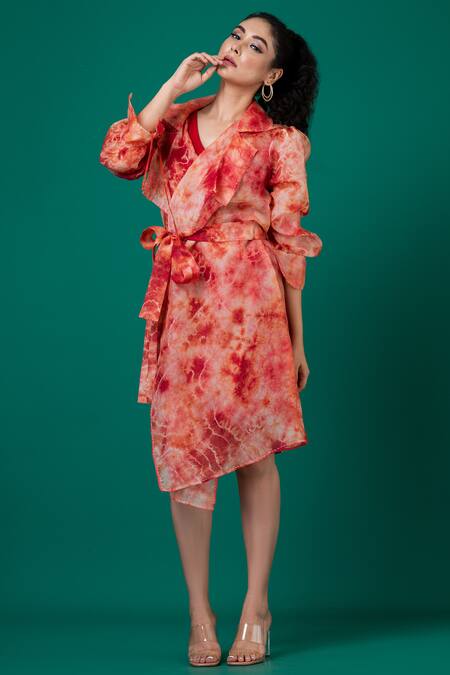 Megha Garg_Red Lycra, Organza Embroidery V-neck, Kantha Stitch Marble Dyed Dress And Jacket _at_Aza_Fashions