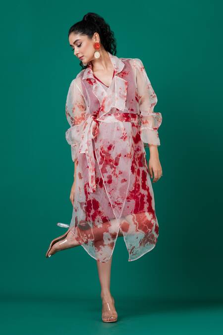 Megha Garg_Red Organza, Lycra Embroidery Shawl Neck, Dress With Marble Dyed Pattern Jacket _Online_at_Aza_Fashions