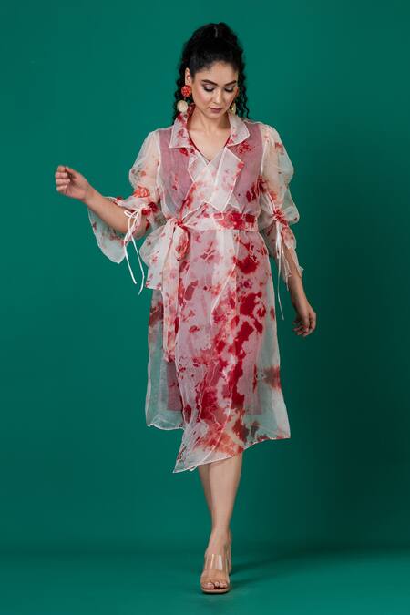 Buy_Megha Garg_Red Organza, Lycra Embroidery Shawl Neck, Dress With Marble Dyed Pattern Jacket _Online_at_Aza_Fashions