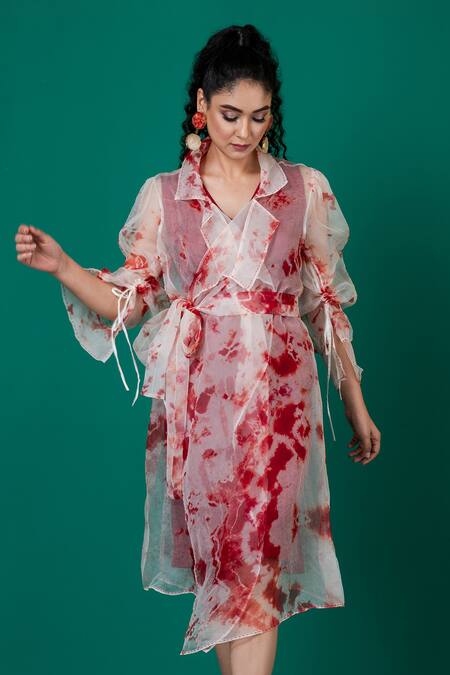 Shop_Megha Garg_Red Organza, Lycra Embroidery Shawl Neck, Dress With Marble Dyed Pattern Jacket _Online_at_Aza_Fashions