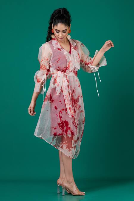 Megha Garg_Red Organza, Lycra Embroidery Shawl Neck, Dress With Marble Dyed Pattern Jacket _at_Aza_Fashions