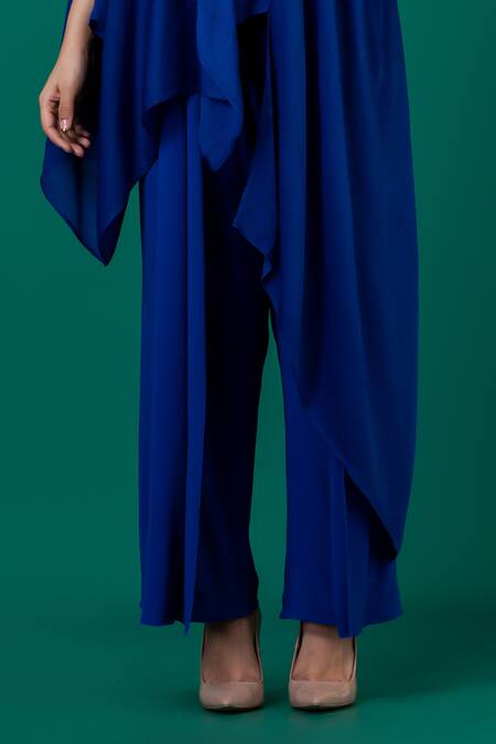 Megha Garg_Blue Lycra, Crepe Embroidery V-neck V Draped Top And Pant Set _Online_at_Aza_Fashions