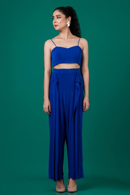 Megha Garg_Blue Lycra, Organza Embroidery, Beads Sweetheart Neck, Hand Jacket Pant Set _Online_at_Aza_Fashions