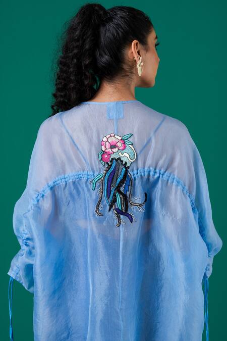 Buy_Megha Garg_Blue Lycra, Organza Embroidery, Beads Sweetheart Neck, Hand Jacket Pant Set _Online_at_Aza_Fashions