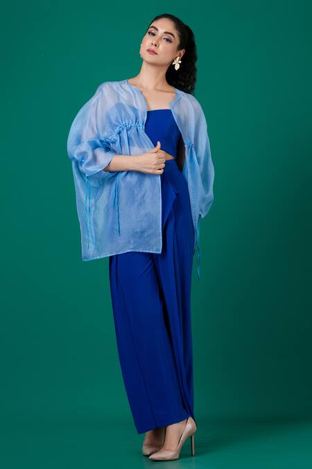 Shop_Megha Garg_Blue Lycra, Organza Embroidery, Beads Sweetheart Neck, Hand Jacket Pant Set _Online_at_Aza_Fashions
