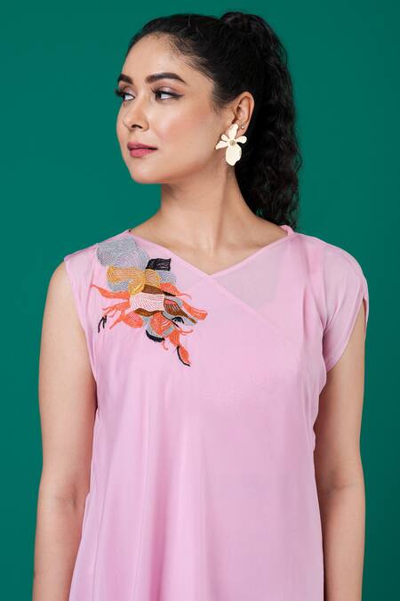 Buy_Megha Garg_Pink Chiffon Embroidery V-neck V Draped Top And Pant Set _Online_at_Aza_Fashions
