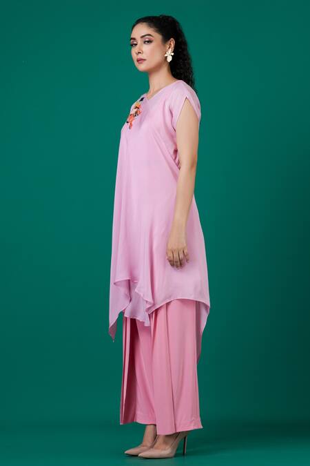 Shop_Megha Garg_Pink Chiffon Embroidery V-neck V Draped Top And Pant Set _Online_at_Aza_Fashions