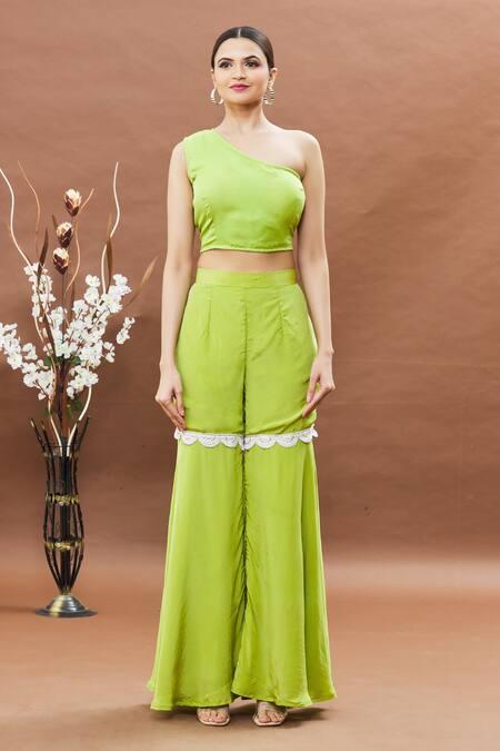Khwaab By Sanjana Lakhani_Green Crepe Lace One Shoulder Bandhani Tunic And Sharara Set _Online_at_Aza_Fashions