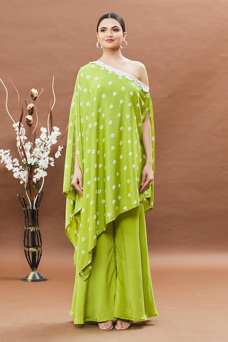 Buy_Khwaab By Sanjana Lakhani_Green Crepe Lace One Shoulder Bandhani Tunic And Sharara Set _Online_at_Aza_Fashions