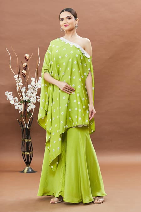 Khwaab By Sanjana Lakhani_Green Crepe Lace One Shoulder Bandhani Tunic And Sharara Set _at_Aza_Fashions