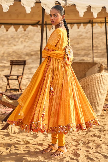 Shop Punit Balana Yellow Chanderi Silk, Organza Pakeezah Bandhani Print Angrakha Anarkali Set at Aza Fashions Shop_Punit Balana_Yellow Chanderi Silk, Organza Pakeezah Bandhani Print Angrakha Anarkali Set _at_Aza_Fashions