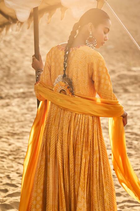 Punit Balana Yellow Chanderi Silk, Organza Pakeezah Bandhani Print Angrakha Anarkali Set Online at Aza Fashions Punit Balana_Yellow Chanderi Silk, Organza Pakeezah Bandhani Print Angrakha Anarkali Set _Online_at_Aza_Fashions