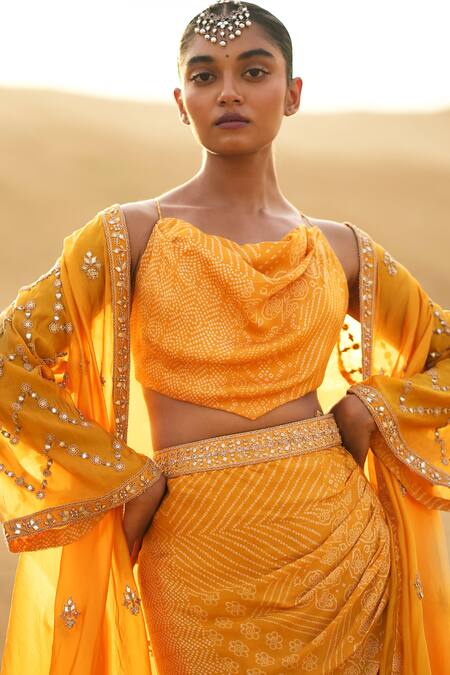 Punit Balana Yellow Satin, Silk, Organza Embroidery, Mirrors Cowl Neck Cape Draped Skirt Set Online at Aza Fashions Punit Balana_Yellow Satin, Silk, Organza Embroidery, Mirrors Cowl Neck Cape Draped Skirt Set _Online_at_Aza_Fashions