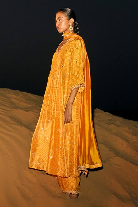 Punit Balana Yellow Silk, Organza Embroidery, Mirrors Alia Bandhani Print Choga Anarkali Set Online at Aza Fashions Punit Balana_Yellow Silk, Organza Embroidery, Mirrors Alia Bandhani Print Choga Anarkali Set _Online_at_Aza_Fashions