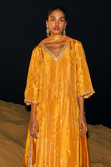 Buy Punit Balana Yellow Silk, Organza Embroidery, Mirrors Alia Bandhani Print Choga Anarkali Set Online at Aza Fashions Buy_Punit Balana_Yellow Silk, Organza Embroidery, Mirrors Alia Bandhani Print Choga Anarkali Set _Online_at_Aza_Fashions