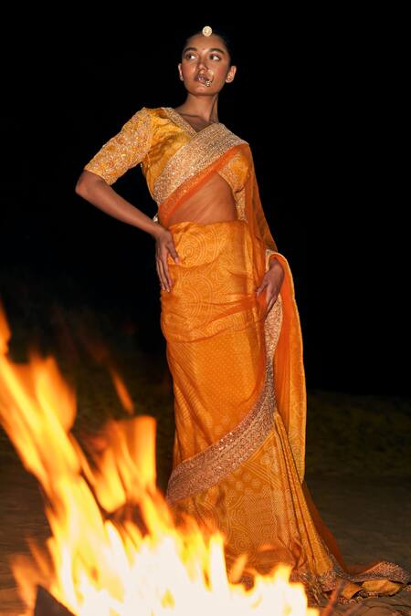 Punit Balana_Yellow Silk, Net Sequins, Embroidery V-neck Border Saree With Blouse _Online_at_Aza_Fashions