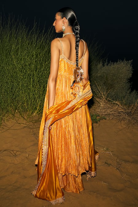 Shop_Punit Balana_Yellow Chanderi Silk Printed Bandhani Scoop Neck Ghoomar Anarkali Set  _at_Aza_Fashions