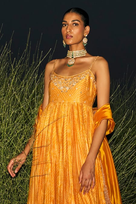 Punit Balana_Yellow Chanderi Silk Printed Bandhani Scoop Neck Ghoomar Anarkali Set  _Online_at_Aza_Fashions