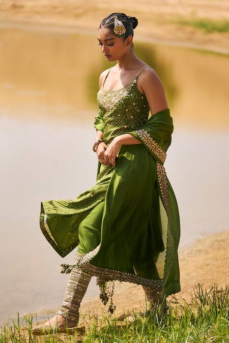 Punit Balana_Green Silk, Organza Embroidery, Mirrors Scoop Neck Noor Bandhani Print Kurta Set _Online_at_Aza_Fashions