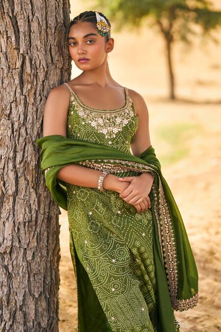 Buy_Punit Balana_Green Silk, Organza Embroidery, Mirrors Scoop Neck Noor Bandhani Print Kurta Set _Online_at_Aza_Fashions