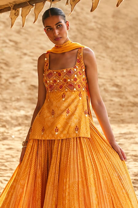 Punit Balana Yellow Chanderi Silk, Organza Embroidery Banjaran Ghagri Printed Kurta Skirt Set Online at Aza Fashions Punit Balana_Yellow Chanderi Silk, Organza Embroidery Banjaran Ghagri Printed Kurta Skirt Set _Online_at_Aza_Fashions