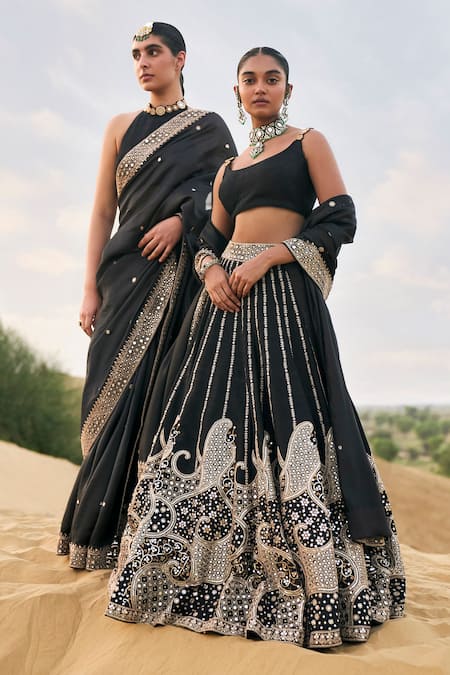 Shop Punit Balana Black Silk, Organza Mirrors, Embroidery Round Neck Rani Sa Lehenga Set at Aza Fashions Shop_Punit Balana_Black Silk, Organza Mirrors, Embroidery Round Neck Rani Sa Lehenga Set _at_Aza_Fashions
