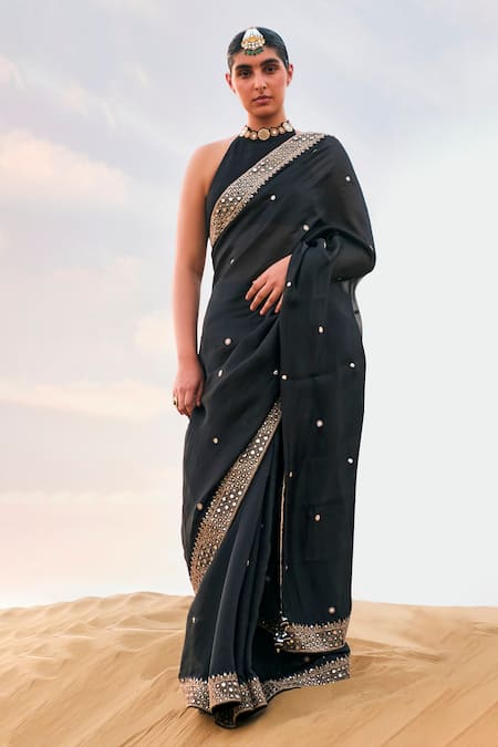 PUNIT BALANA Rani Sa Mirror Border Embroidered Saree With Blouse 