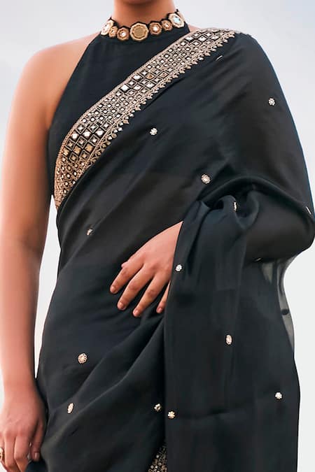 Punit Balana Black Silk, Organza Mirrors, Embroidery Rani Sa Border Saree With Blouse Online at Aza Fashions Punit Balana_Black Silk, Organza Mirrors, Embroidery Rani Sa Border Saree With Blouse _Online_at_Aza_Fashions