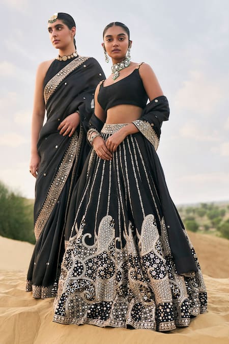 Buy Punit Balana Black Silk, Organza Mirrors, Embroidery Rani Sa Border Saree With Blouse Online at Aza Fashions Buy_Punit Balana_Black Silk, Organza Mirrors, Embroidery Rani Sa Border Saree With Blouse _Online_at_Aza_Fashions