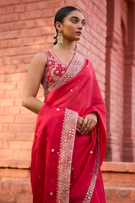 Punit Balana Red Chanderi Silk, Organza Embroidery, Mirrors, Surkh Border Saree With Blouse Online at Aza Fashions Punit Balana_Red Chanderi Silk, Organza Embroidery, Mirrors, Surkh Border Saree With Blouse _Online_at_Aza_Fashions