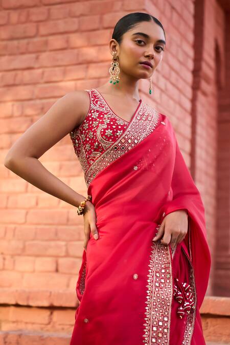 Buy Punit Balana Red Chanderi Silk, Organza Embroidery, Mirrors, Surkh Border Saree With Blouse Online at Aza Fashions Buy_Punit Balana_Red Chanderi Silk, Organza Embroidery, Mirrors, Surkh Border Saree With Blouse _Online_at_Aza_Fashions