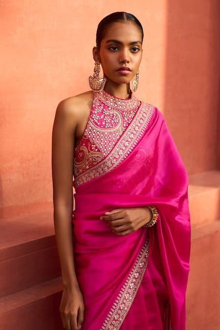 Shop Punit Balana Pink Chanderi Silk, Organza Mirrors, Embroidery Marodi Border Saree With Blouse at Aza Fashions Shop_Punit Balana_Pink Chanderi Silk, Organza Mirrors, Embroidery Marodi Border Saree With Blouse _at_Aza_Fashions