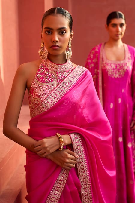 Punit Balana Pink Chanderi Silk, Organza Mirrors, Embroidery Marodi Border Saree With Blouse Online at Aza Fashions Punit Balana_Pink Chanderi Silk, Organza Mirrors, Embroidery Marodi Border Saree With Blouse _Online_at_Aza_Fashions