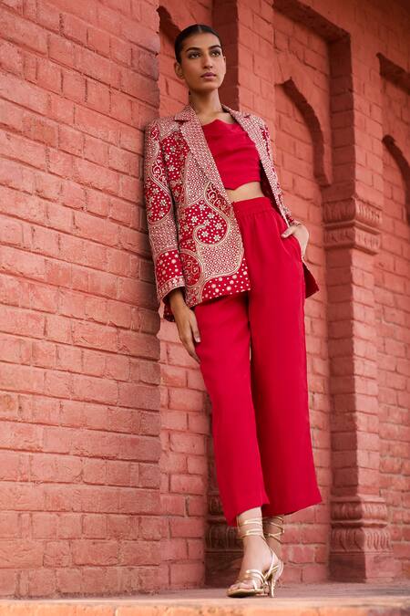 Punit Balana_Red Satin, Silk Mirrors, Embroidery Collared, Cowl Jaipur Jacket Trouser Set _Online_at_Aza_Fashions