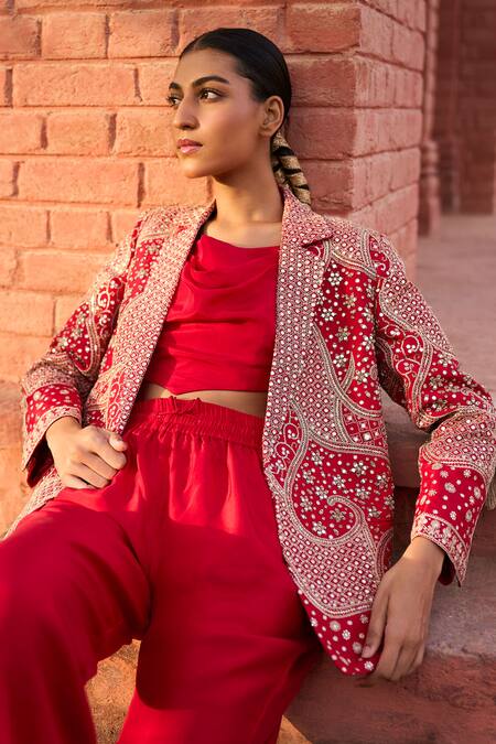 Buy_Punit Balana_Red Satin, Silk Mirrors, Embroidery Collared, Cowl Jaipur Jacket Trouser Set _Online_at_Aza_Fashions