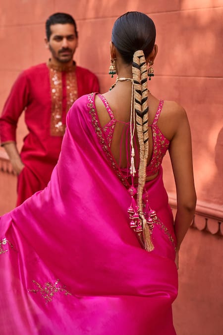 Shop Punit Balana Red Chanderi Silk, Organza Mirrors, Embroidery Halter Border Saree With Blouse at Aza Fashions Shop_Punit Balana_Red Chanderi Silk, Organza Mirrors, Embroidery Halter Border Saree With Blouse _at_Aza_Fashions