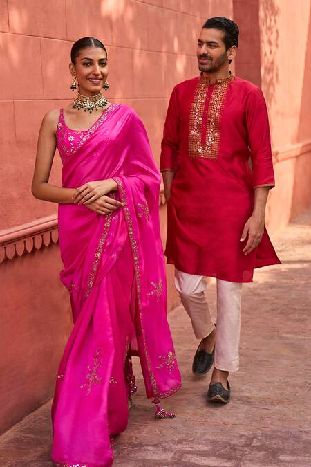 Punit Balana Red Chanderi Silk, Organza Mirrors, Embroidery Halter Border Saree With Blouse Online at Aza Fashions Punit Balana_Red Chanderi Silk, Organza Mirrors, Embroidery Halter Border Saree With Blouse _Online_at_Aza_Fashions