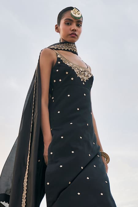 Punit Balana_Black Silk, Organza Embroidery, Mirrors Scoop Neck Noor Kurta Set _Online_at_Aza_Fashions