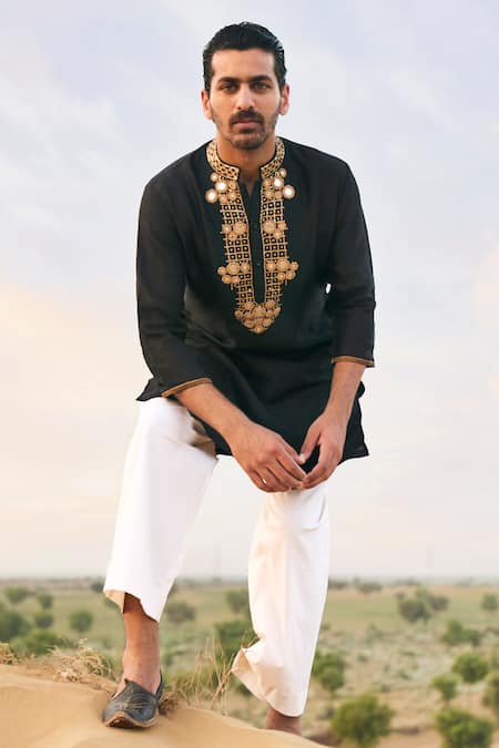 Punit Balana_Black Tussar, Cotton Mirrors, Embroidery Work Kurta Set _Online_at_Aza_Fashions