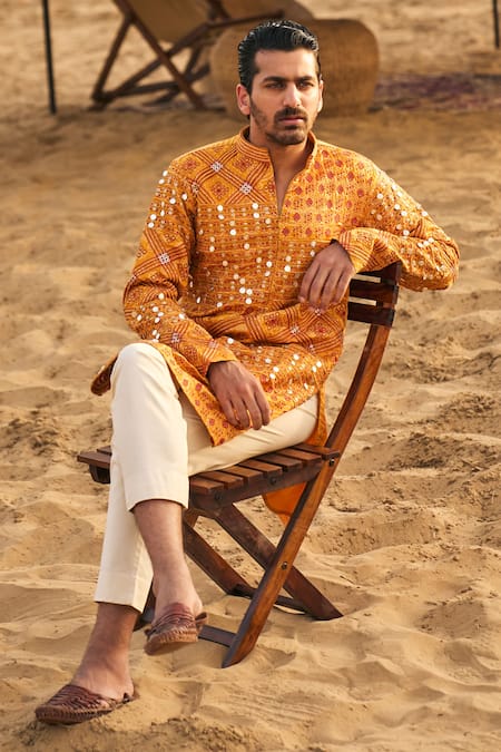 Punit Balana_Yellow Cotton, Chanderi Silk Metallic Thread, Bandhani Print Dori Kurta Set _Online_at_Aza_Fashions