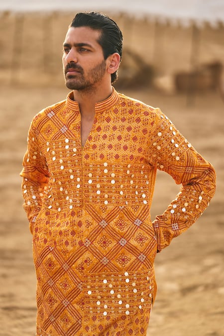 Buy_Punit Balana_Yellow Cotton, Chanderi Silk Metallic Thread, Bandhani Print Dori Kurta Set _Online_at_Aza_Fashions