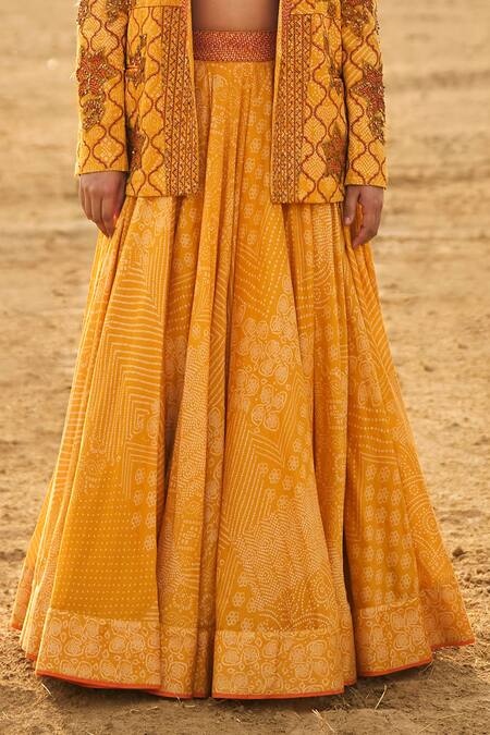 Punit Balana_Yellow Satin, , Chanderi Embroidery Bikaner Printed And Jacket Skirt Set _Online_at_Aza_Fashions